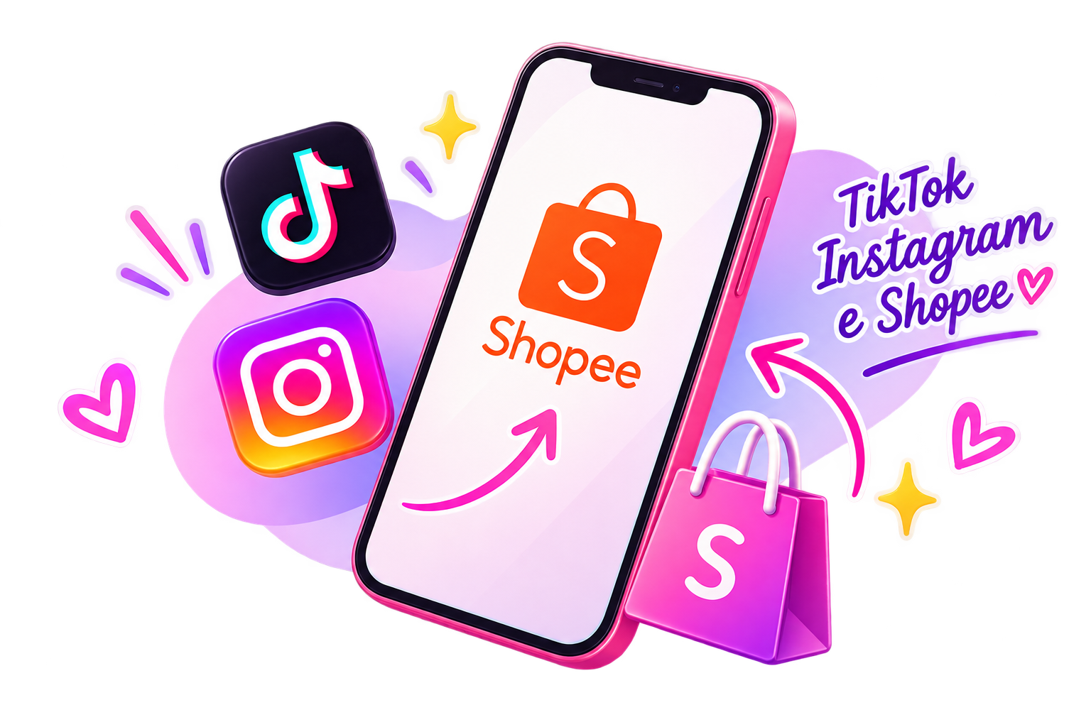 Celular com Shopee e ícones do TikTok e Instagram